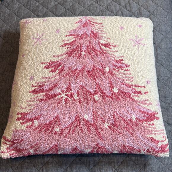 100% Wool Pink Christmas Tree Hook Pillow with Cream Velvet Backing NEW - Picture 1 of 9